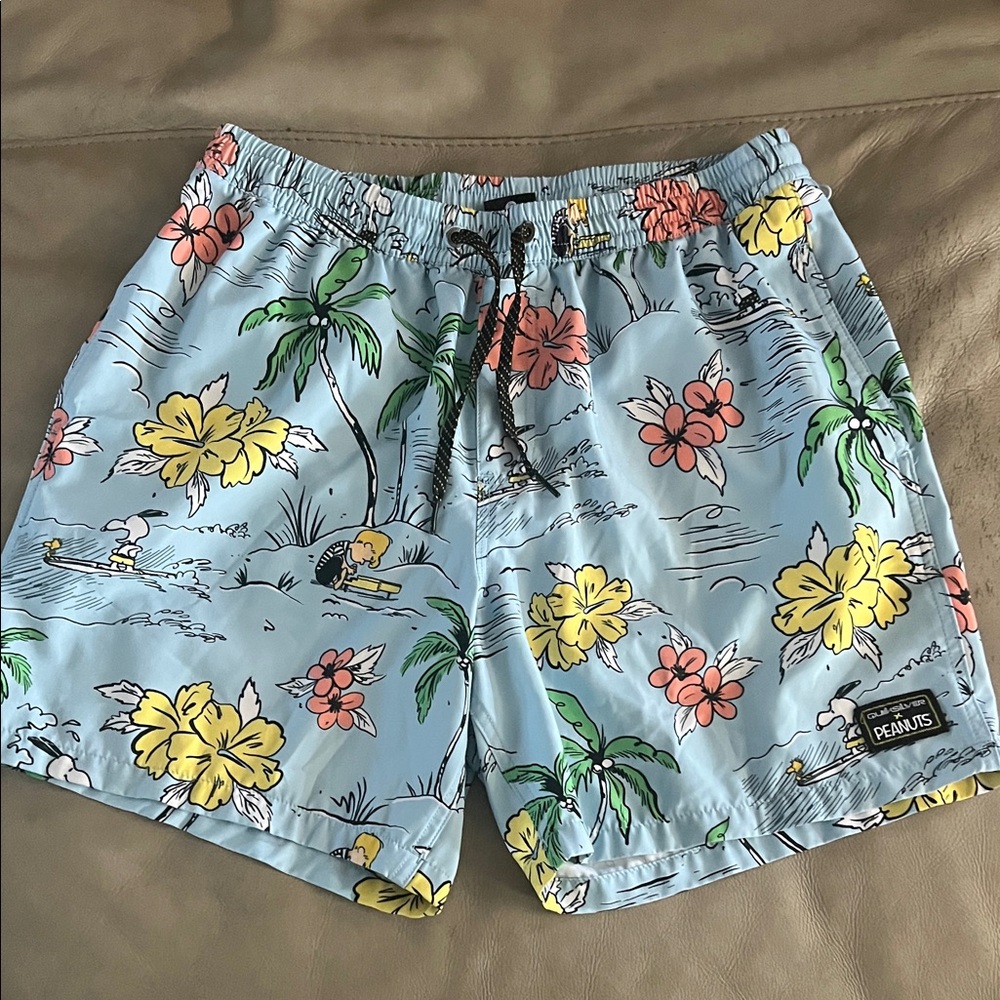 Peanuts Men's Tropical Swim Trunks - Light Blue, Yellow, Coral